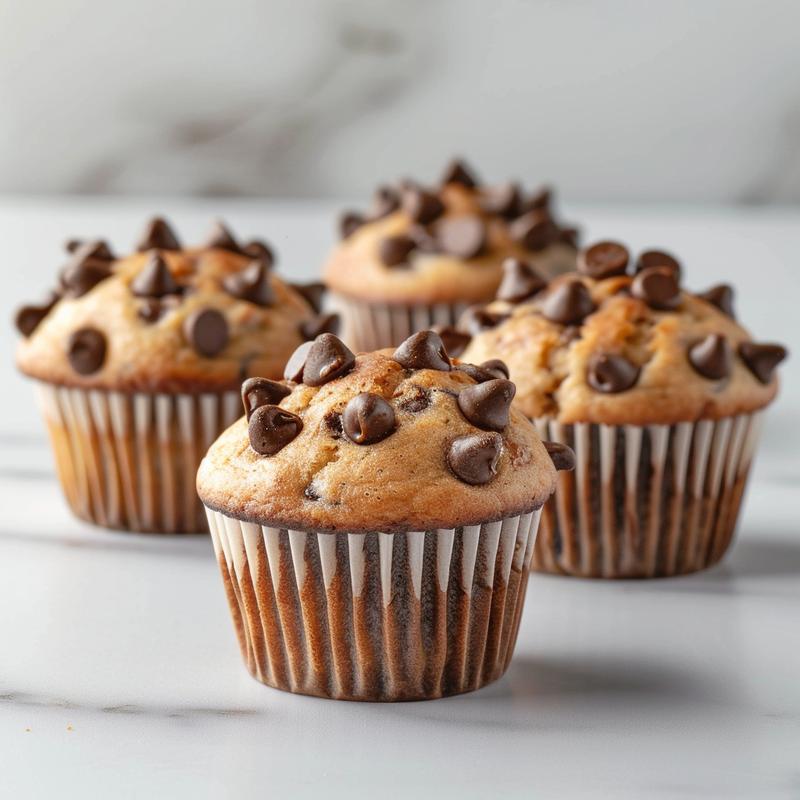 Close-up of moist chocolate chip muffins with a dollop of yogurt on a marble surface.
