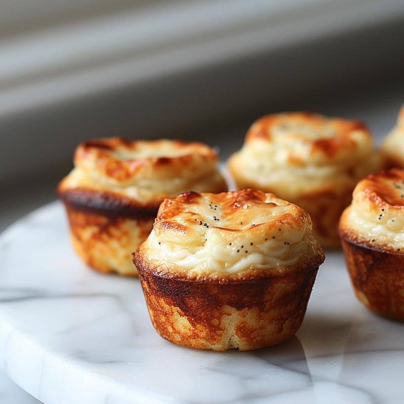 A close-up of golden-brown Greek yogurt mini muffins on a white marble surface, showcasing their texture.