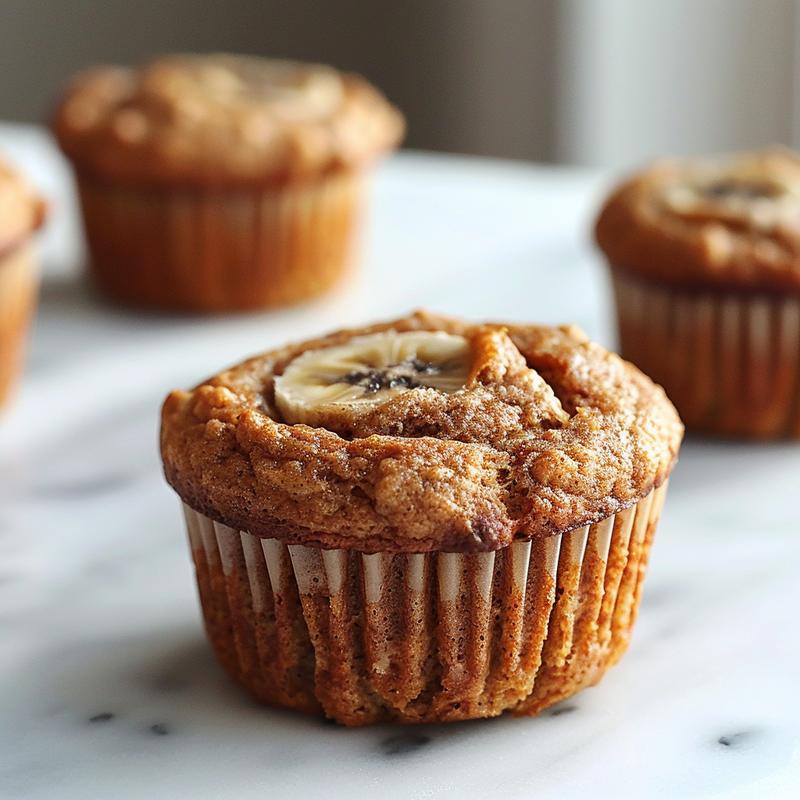 Close-up view of paleo banana bread muffins showcasing their textured surface on a white marble background.