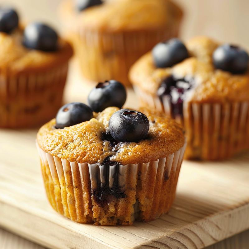 Close-up of healthy Greek yogurt blueberry protein muffins on a light wooden board.
