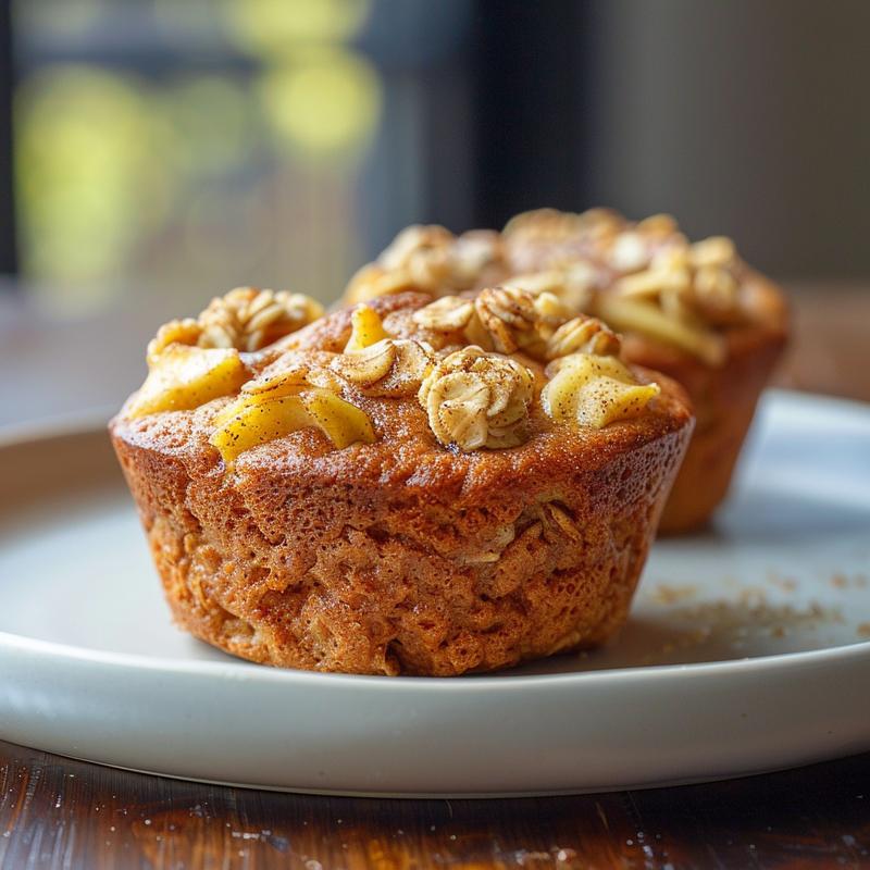 Close-up of healthy apple cinnamon Greek yogurt muffins on a light grey ceramic plate.