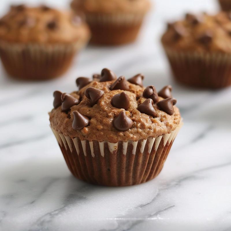 A close-up of chocolate banana muffins on a white marble surface, showcasing their texture and rich color.