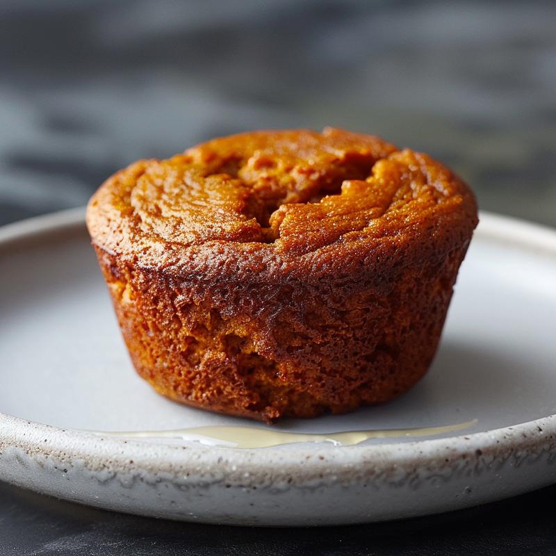 Close-up of a honey sweetened pumpkin muffin on a light grey plate.