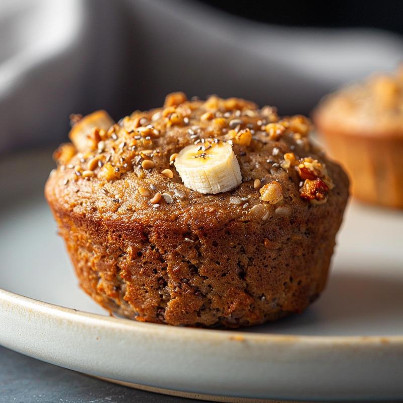 A close-up view of a delicious paleo banana protein muffin on a light grey ceramic plate.