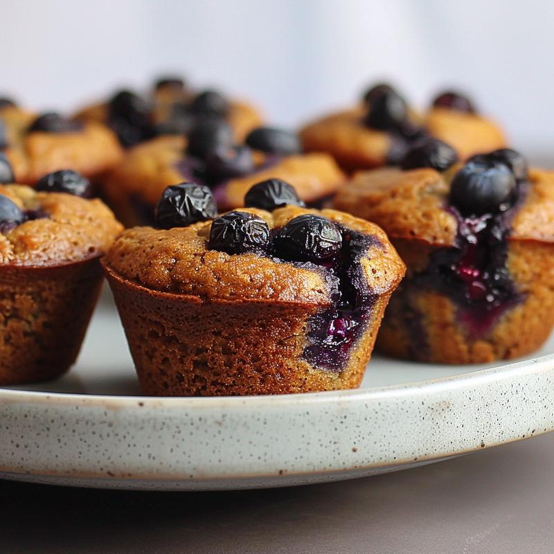 Close-up of a moist vegan blueberry muffin on a light grey ceramic plate.
