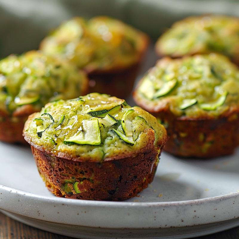 Close-up of golden-brown zucchini muffins with honey drizzled on top, displayed on a light grey ceramic plate.