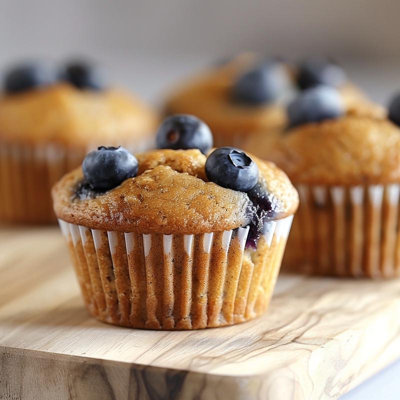 Close-up view of a freshly baked vegan blueberry muffin on a wooden board.
