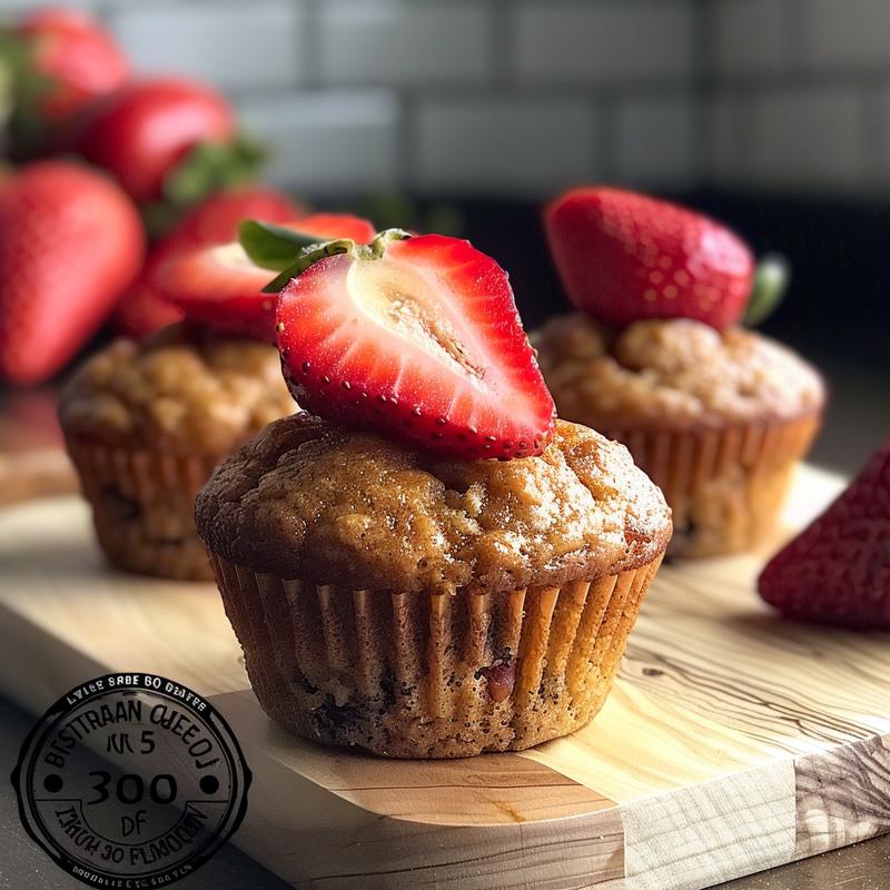 Close-up of a delicious no sugar strawberry banana muffin on a light wood board.