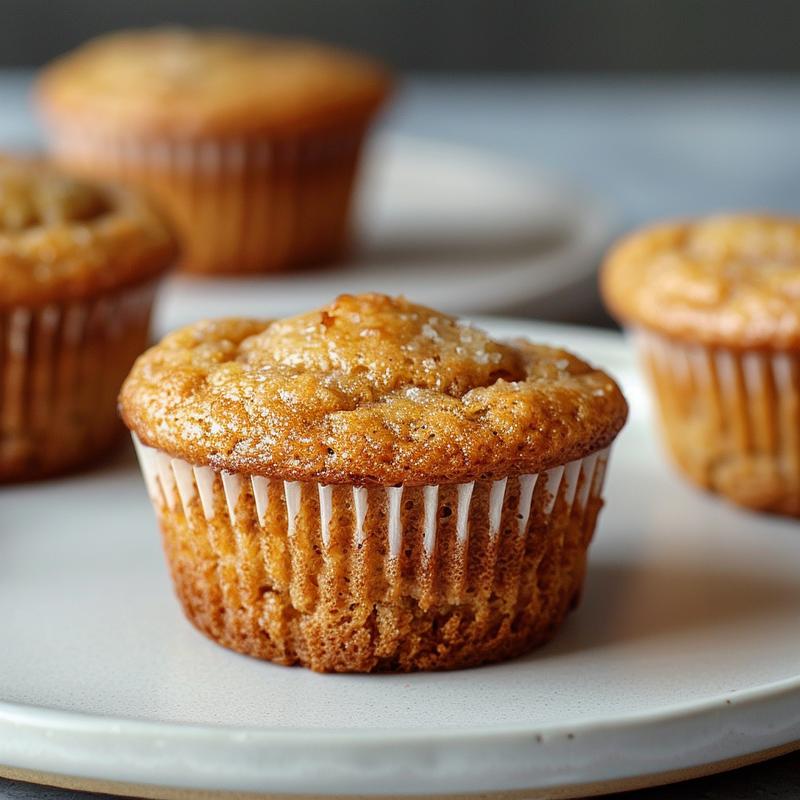 Close-up of moist sugar-free Greek yogurt muffins on a light grey ceramic plate.