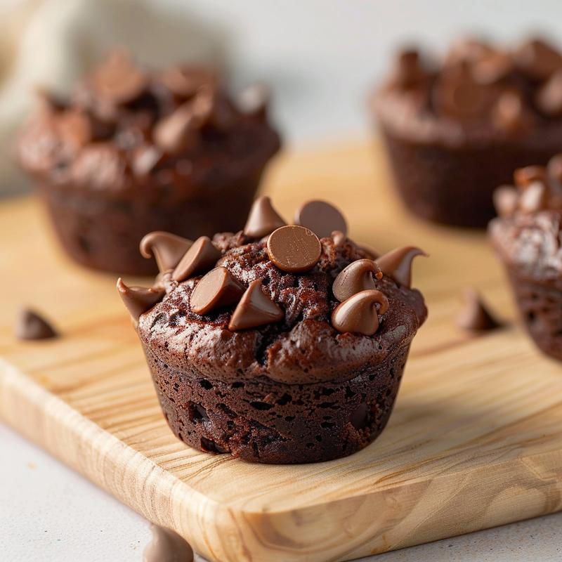 Close-up of rich, moist vegan chocolate muffins on a light wooden board.