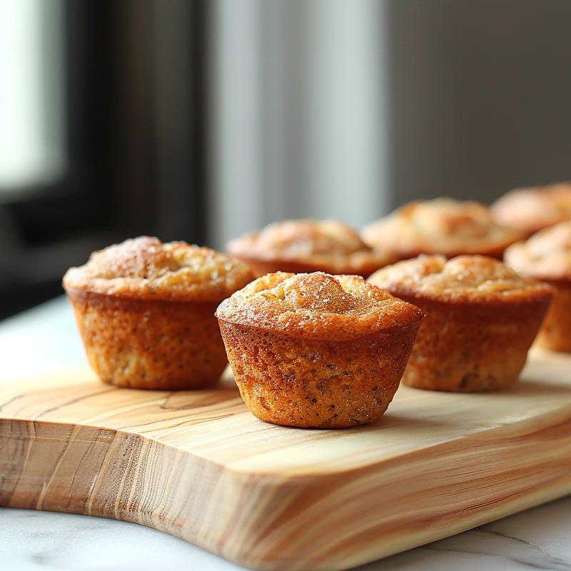 Extreme close-up of sugar free mini banana muffins on a light wood board, showcasing their texture.