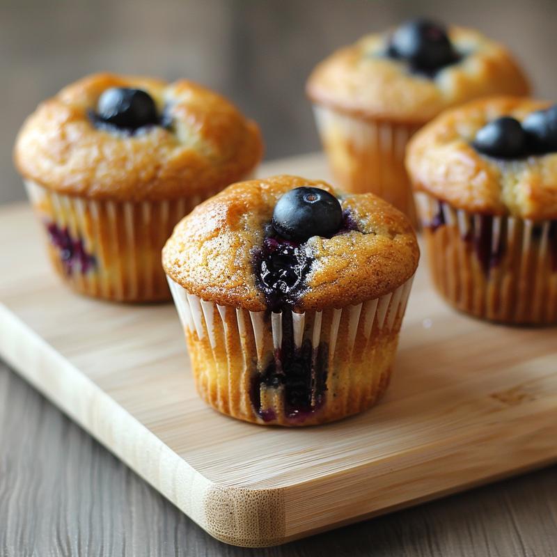 Close-up of a sugar-free lemon blueberry muffin on a wooden board.