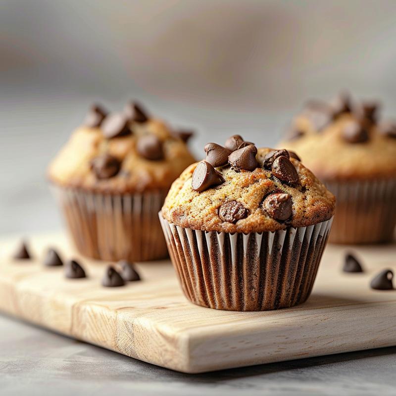 Close-up of vegan chocolate chip muffins on a light wood board with natural lighting.