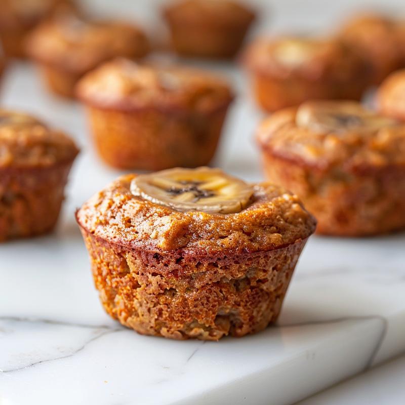 A close-up view of fluffy, dairy-free banana muffins on a white marble surface.