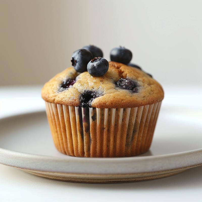 Close-up view of dairy-free blueberry muffins on a light grey plate.