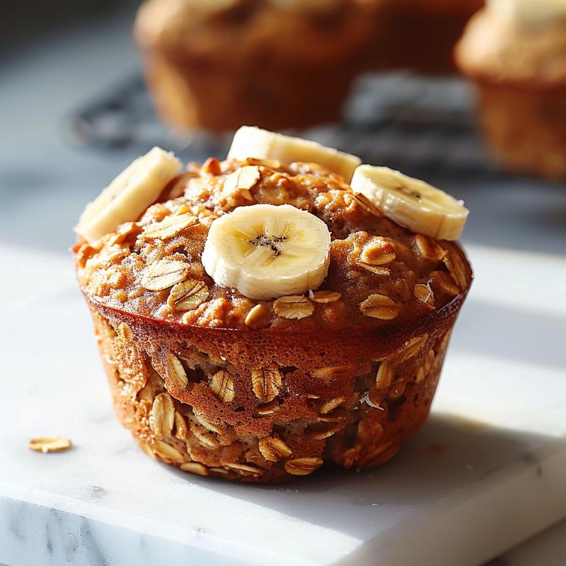 Extreme close-up of a banana oatmeal muffin on a white marble surface, showcasing texture and detail.