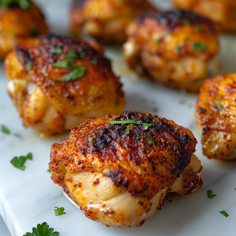 Close-up of golden-brown air-fried chicken thighs on white marble.