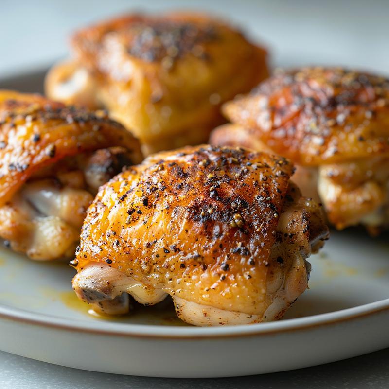 Close-up of perfectly cooked, golden-brown air fryer chicken thighs on a light grey plate.