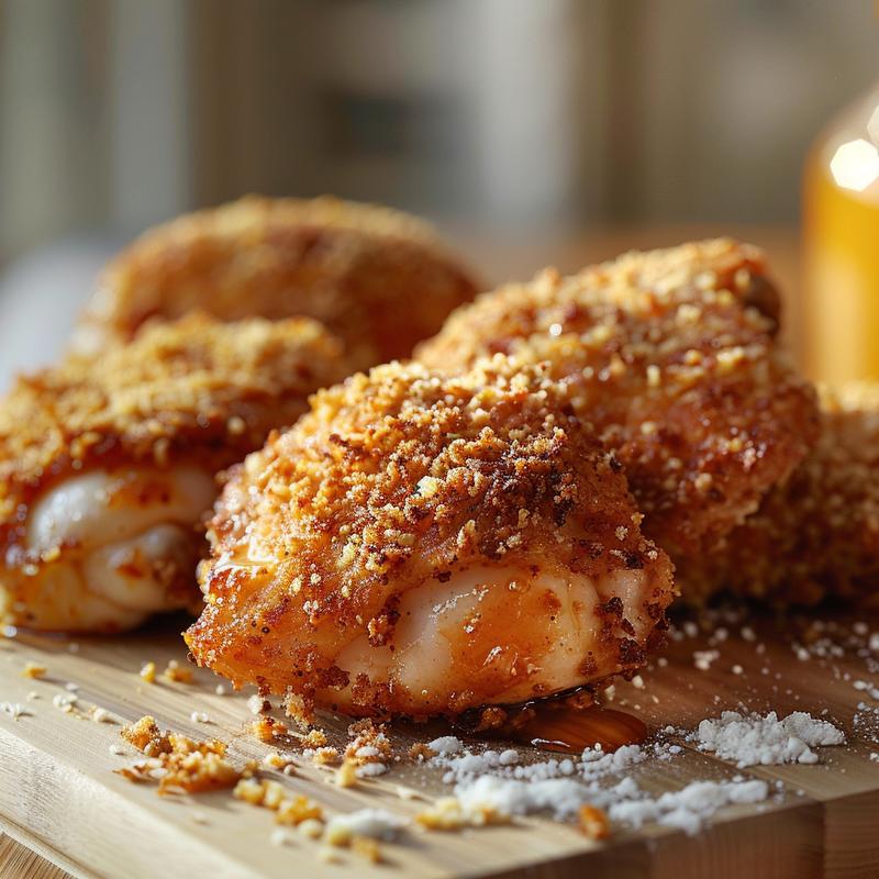 Close-up of golden-brown, crispy panko chicken thighs on a wood board.