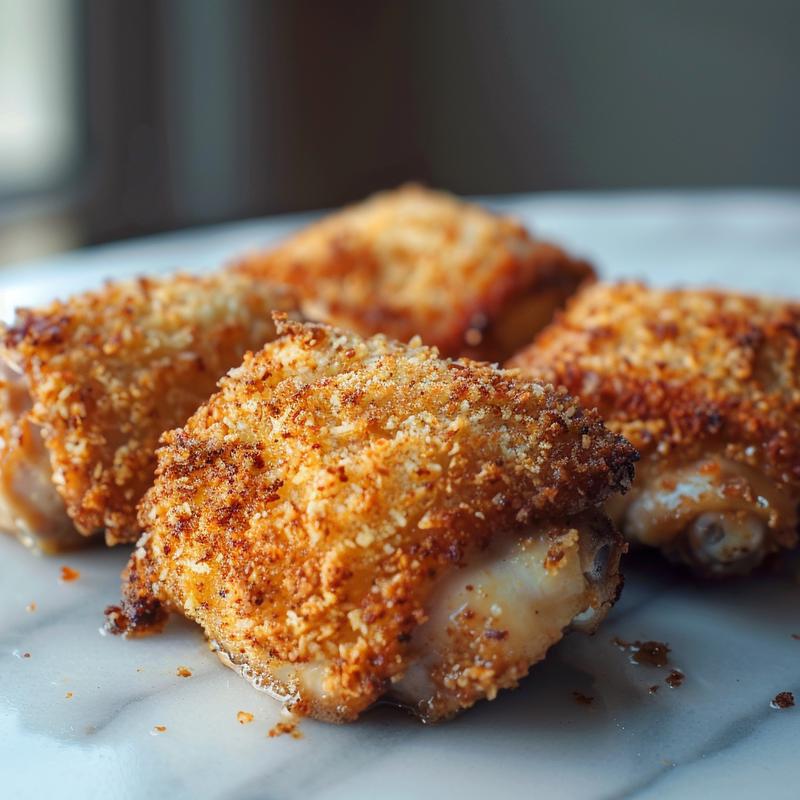 Close-up of golden-brown, crispy panko-crusted chicken thighs.