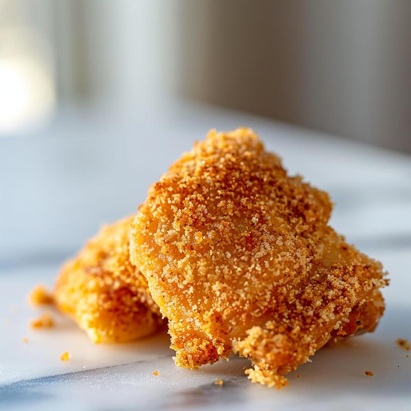 Close-up of golden-brown, crispy panko-crusted chicken thighs on white marble.