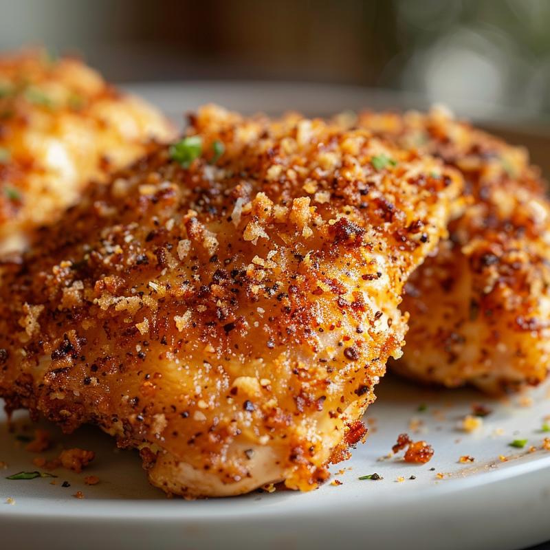 Close-up of crispy, golden-brown panko chicken thighs on a grey plate.
