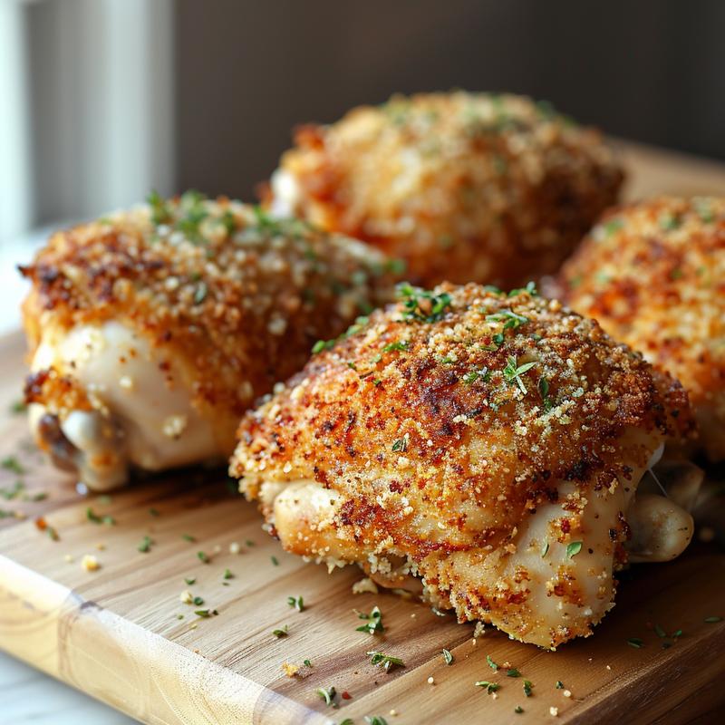 Close up of golden brown panko-crusted chicken thighs on a light wood surface.
