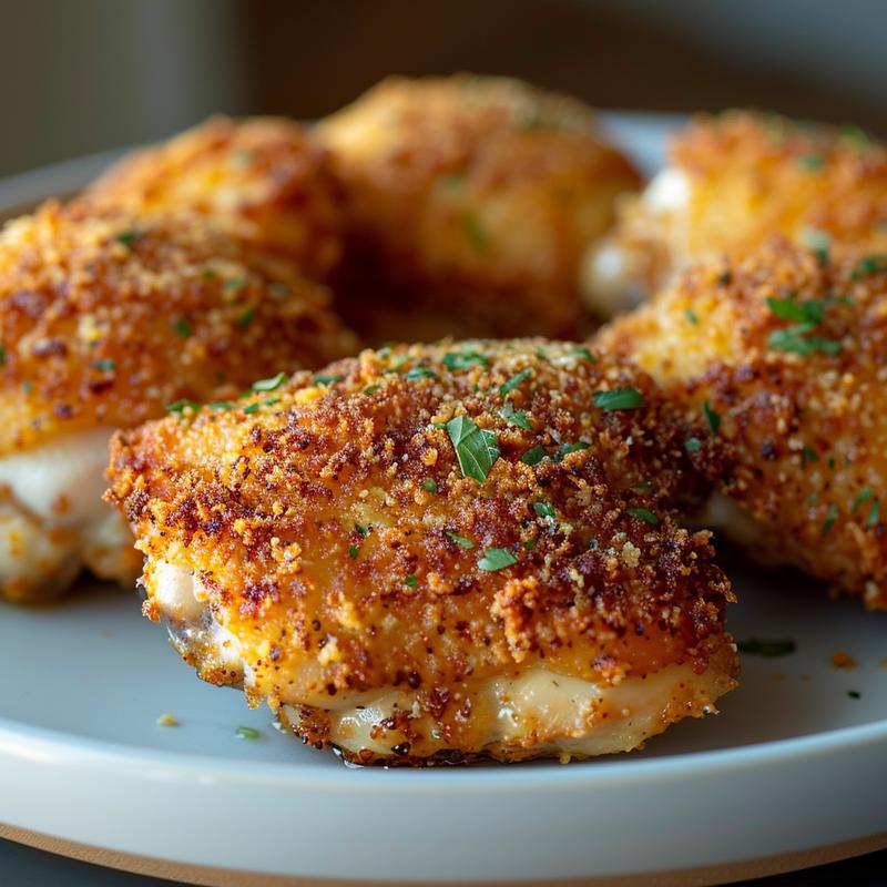 Close-up of golden-brown panko-crusted chicken thigh on a light grey plate.
