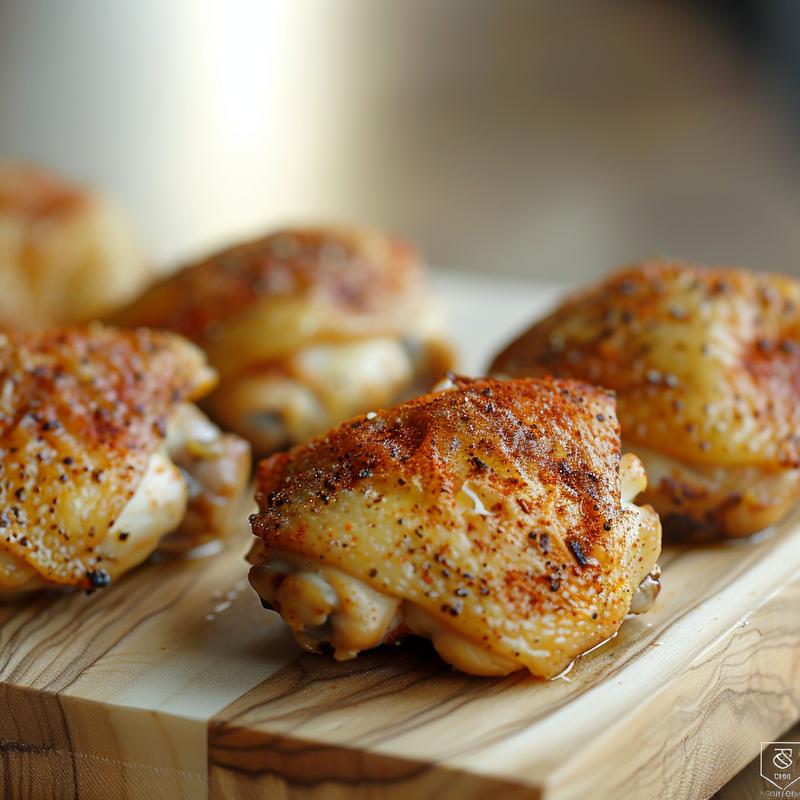 Close-up of seasoned cooked chicken thighs on wood.