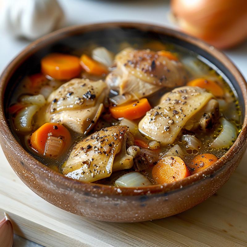 Close-up of chicken thigh soup with carrots and onion in a bowl on a wooden board.