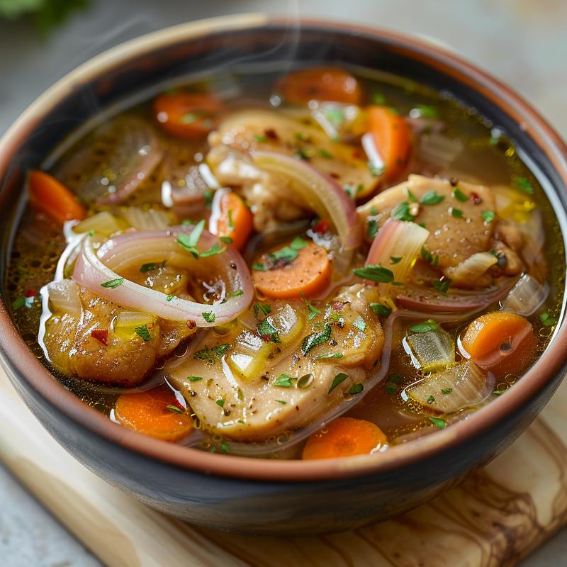 Close-up of chicken thigh soup in a bowl, showing ingredients like carrots and onions.