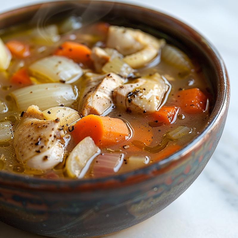 Close-up of chicken thigh soup with visible vegetables.