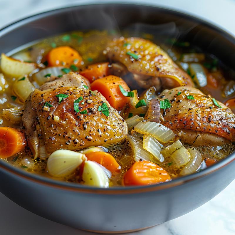 Steaming bowl of chicken thigh soup with visible vegetables.