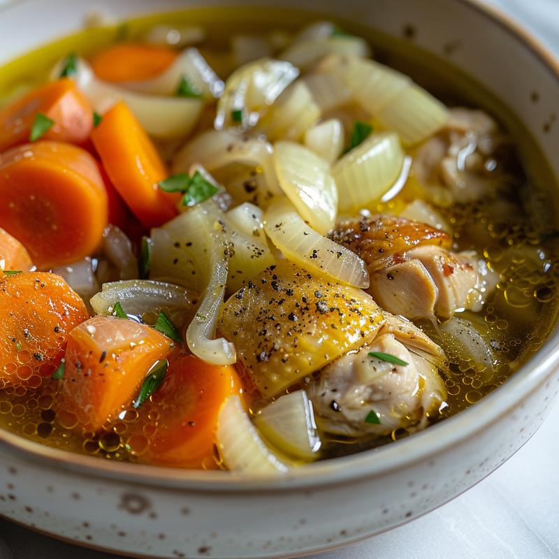 Close-up of chicken thigh soup with visible vegetables, steaming on white marble.