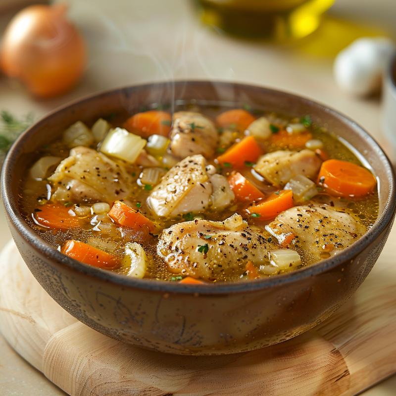 Close-up of chicken thigh soup in a bowl, showing ingredients like carrots and onions.