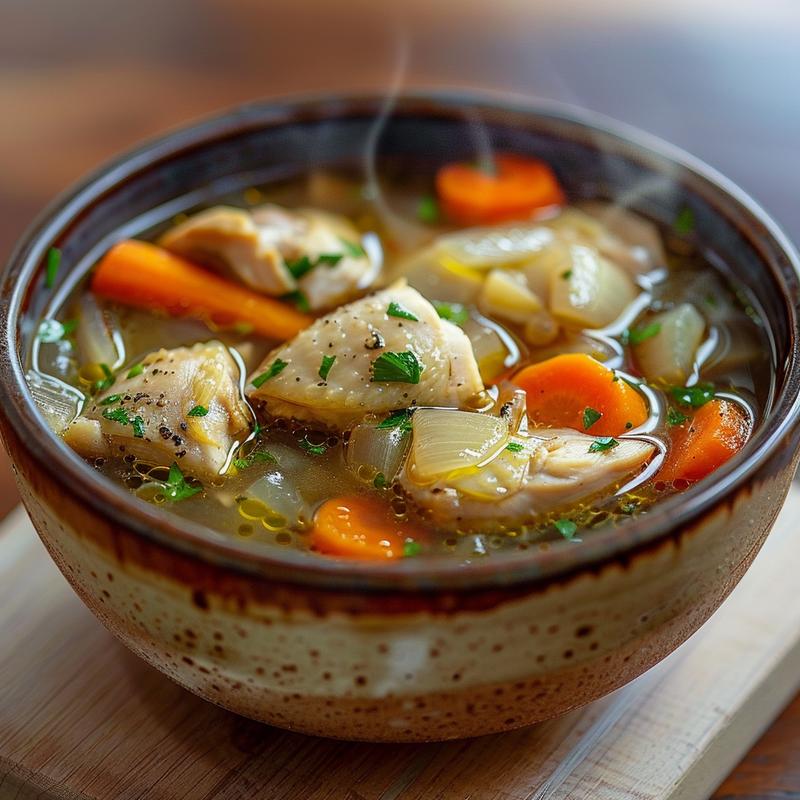 Steaming bowl of chicken thigh soup with visible vegetables on a wooden board.