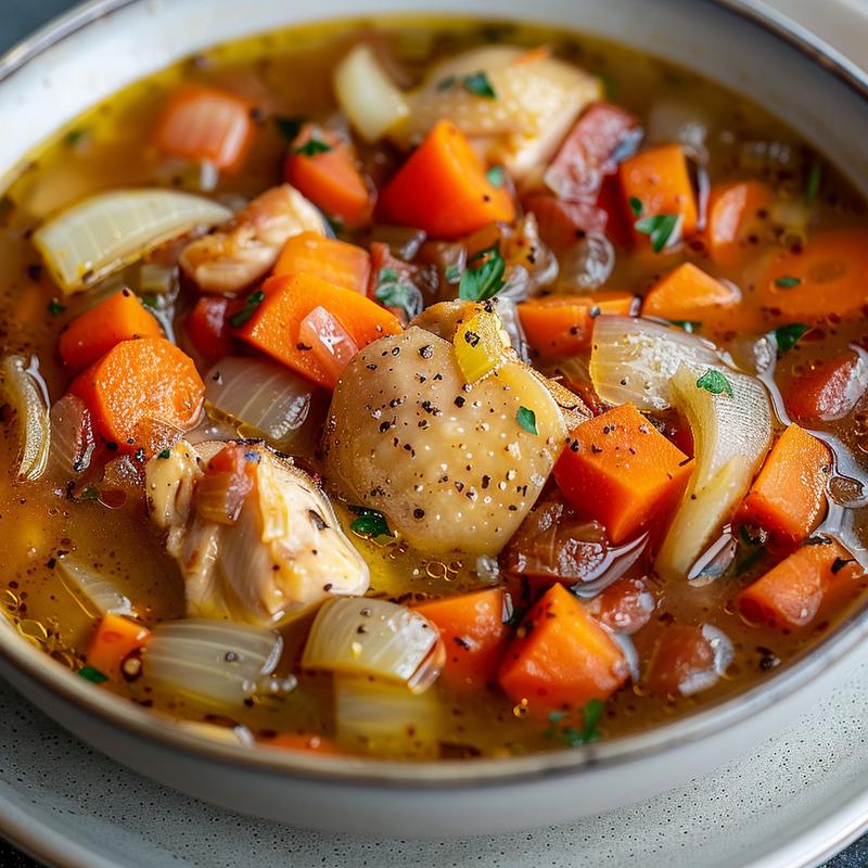 Steaming bowl of chicken thigh soup with visible carrots and herbs.