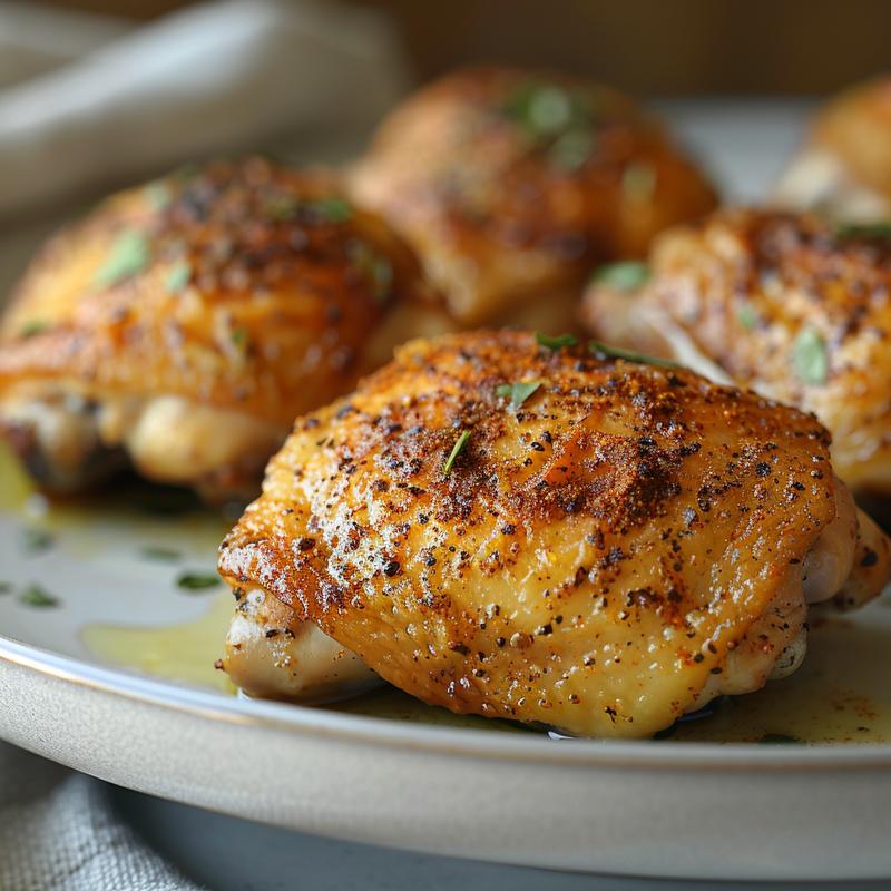 Close-up of seasoned, cooked chicken thighs on a gray plate.