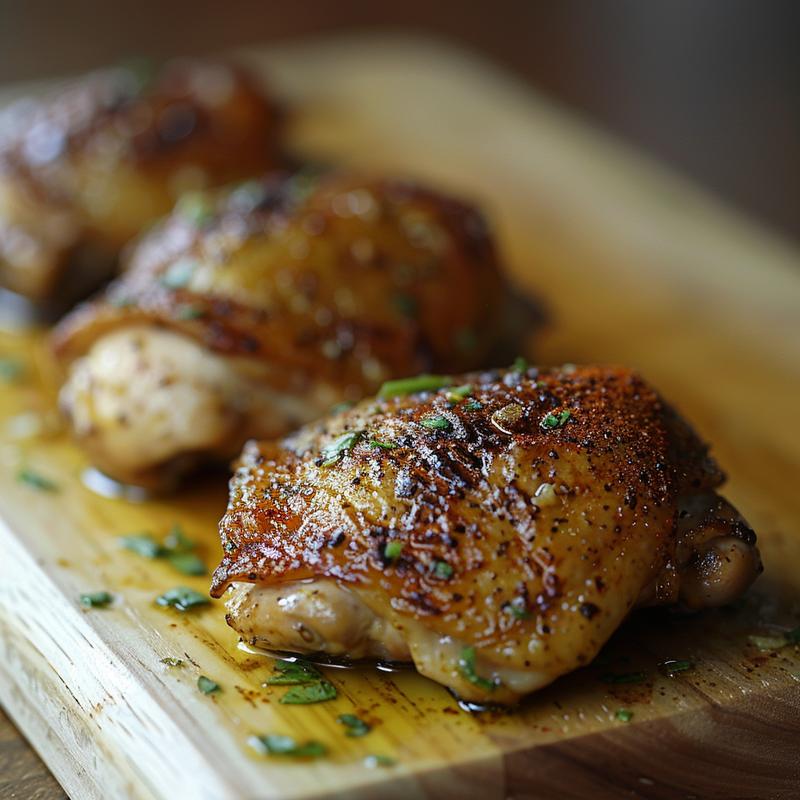 Close-up of seasoned cooked chicken thighs on a wood board.
