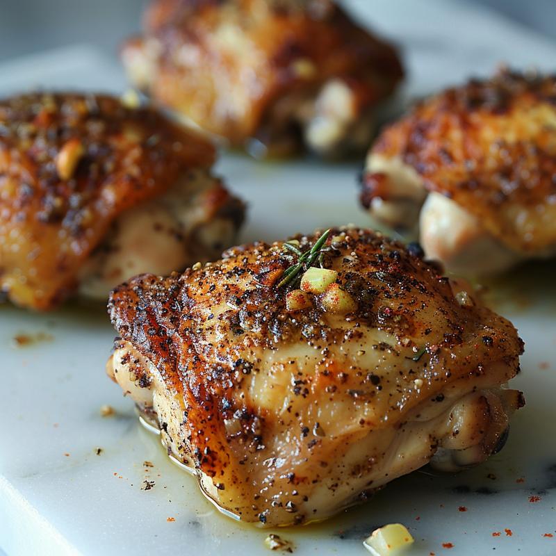 Close-up of cooked chicken thighs with visible spices on a white marble surface.
