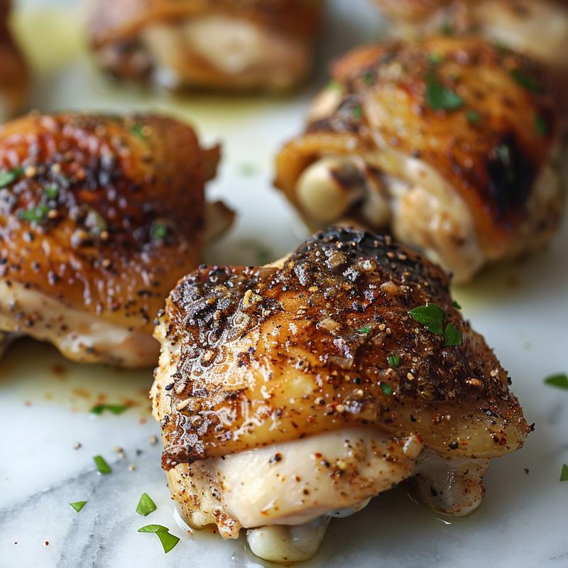 Close-up of seasoned baked chicken thighs on white marble.