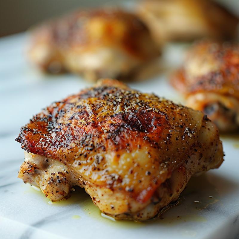 Close-up of seasoned cooked chicken thighs on white marble.