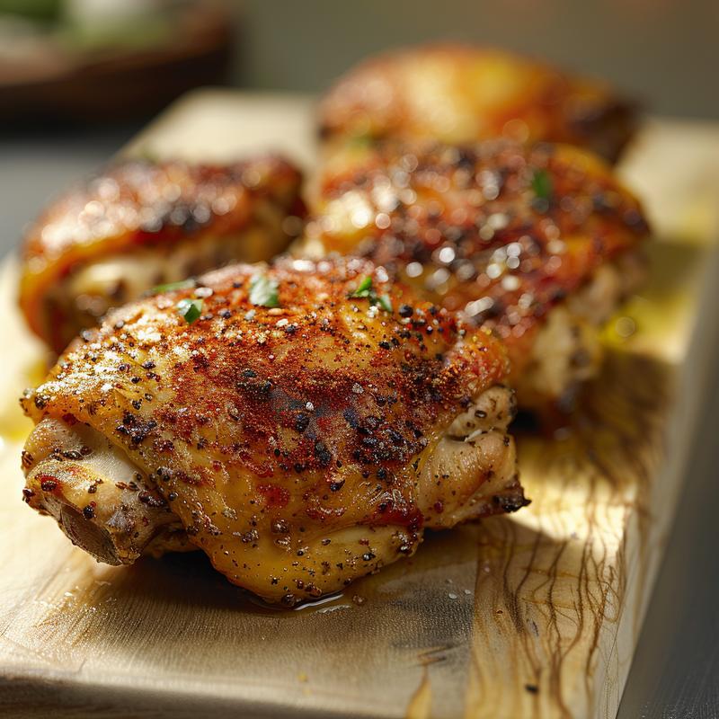 Close-up of seasoned, cooked chicken thighs on a wooden board.