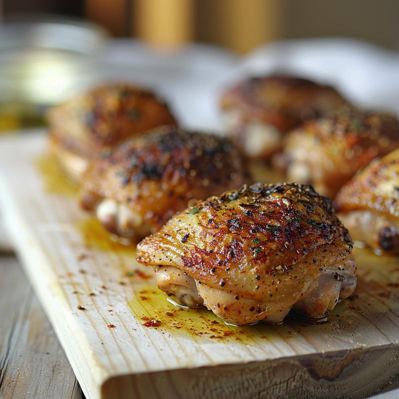 Close-up of seasoned chicken thighs on a wooden board.