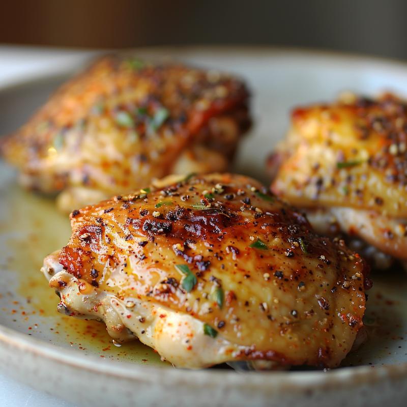 Close-up of cooked chicken thighs on a grey plate.