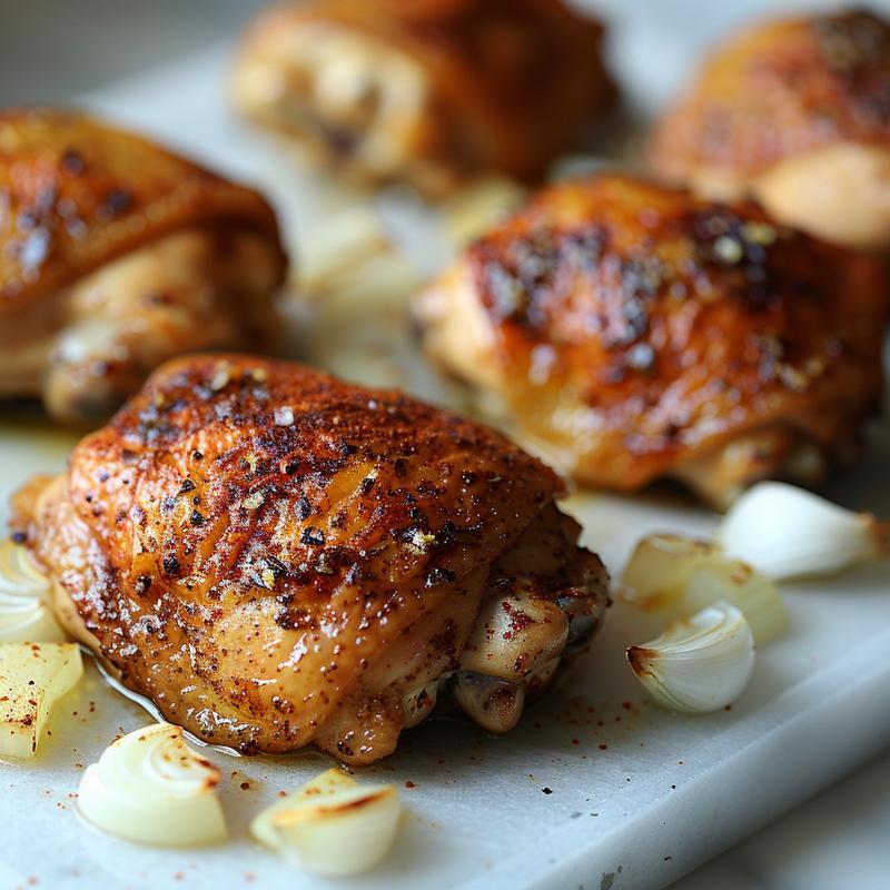 Close-up of seasoned, cooked chicken thighs on white marble.