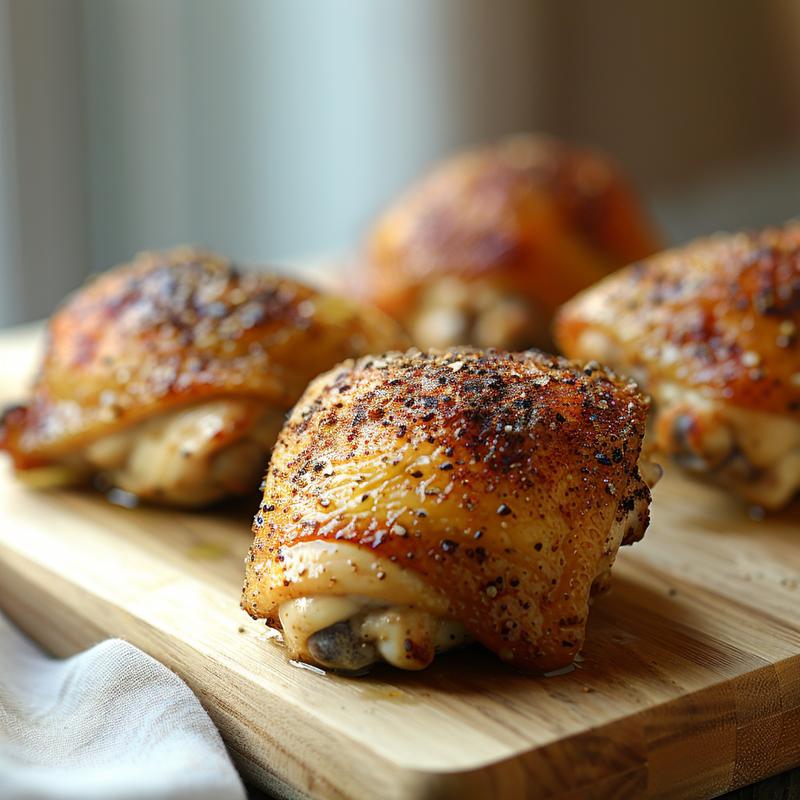 Close-up of seasoned baked chicken thighs on a light wooden board.