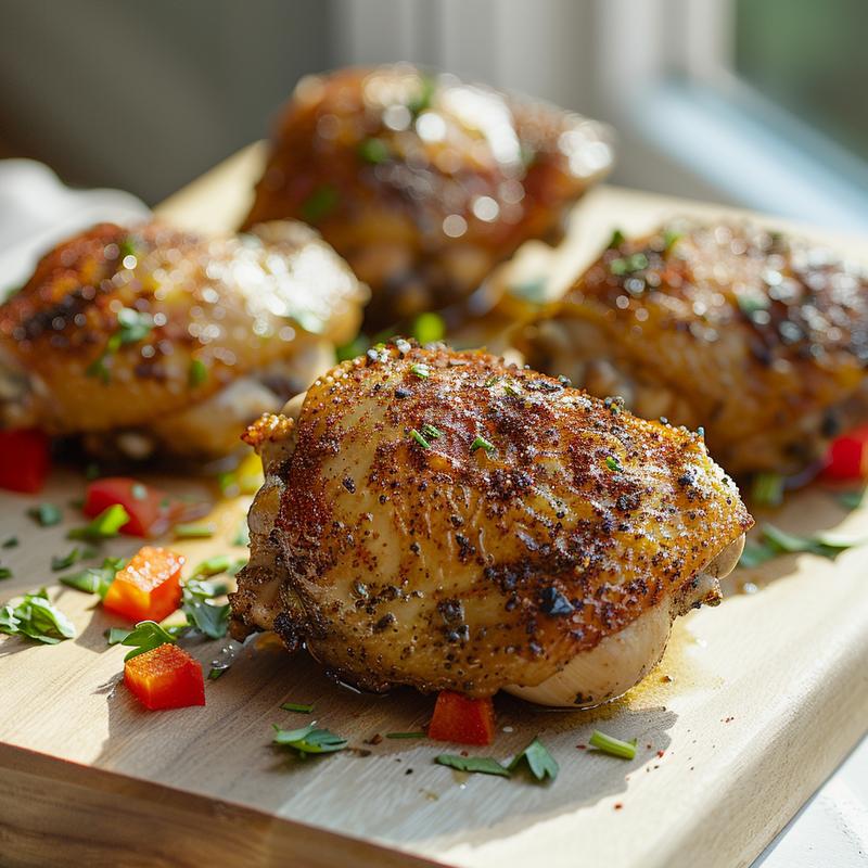 Close-up of seasoned cooked chicken thighs on a wooden board.