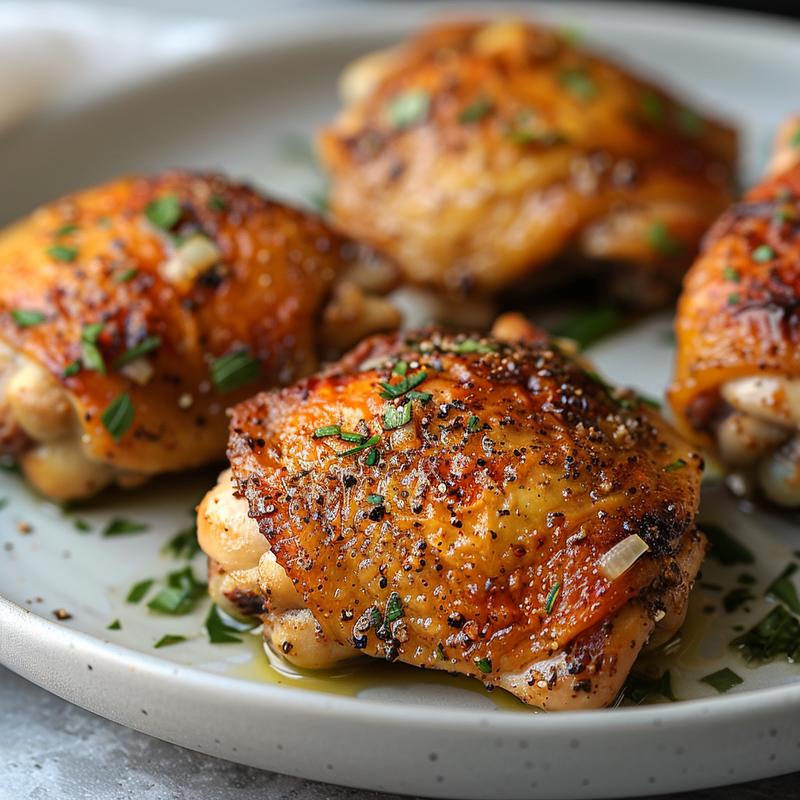 Close-up of seasoned, cooked chicken thighs on a grey plate.