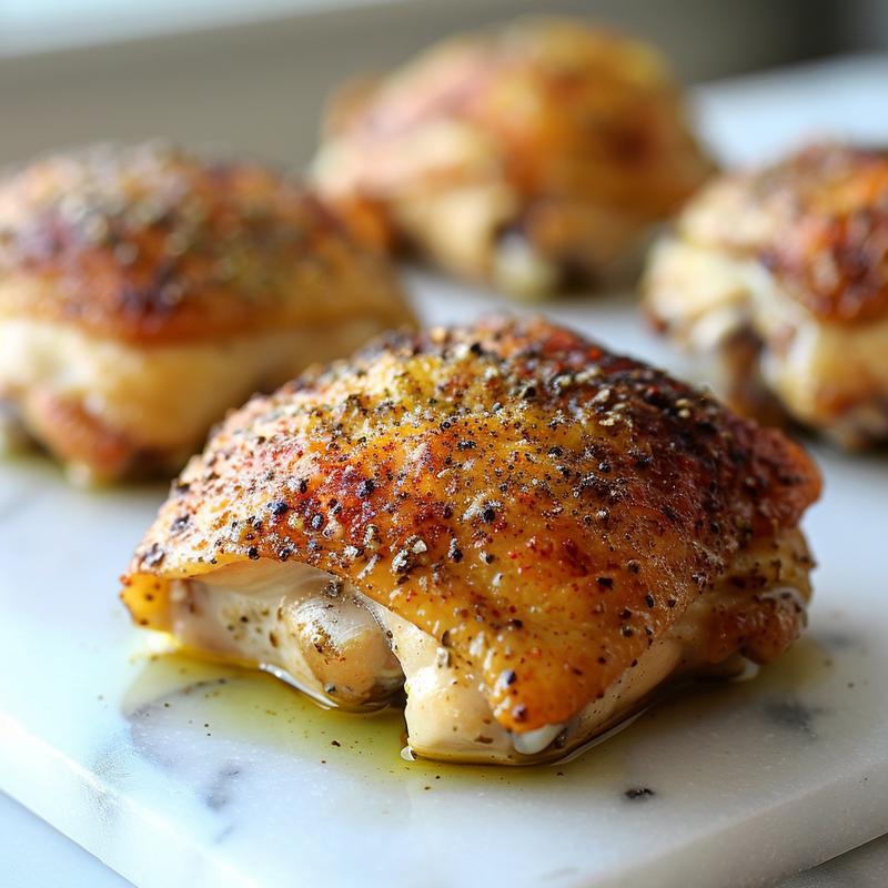 Close-up of cooked chicken thighs on white marble.